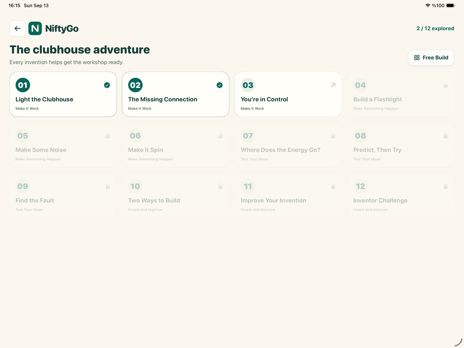 The NiftyGo adventure map with twelve circuit and invention missions.